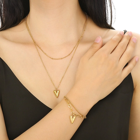Double Layer Herz Anhänger Halskette Und Armband Set Edelstahl 18K Vergoldet Strukturierte 3D Liebe Form Schmuck