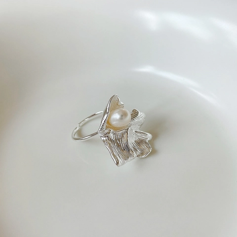 Anello In Argento Sterling 925 Con Perla Artificial Fiore Irregolare Foglia Aperto Regolabile Gioielli Minimalisti Francesi Per Donna
