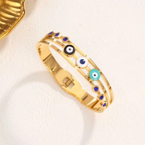 Brazalete de Ojo Turco de Acero Inoxidable para Mujer Oro Oro Rosa Plata Esmalte Diamantes de Imitación Brazalete Abierto Joyería