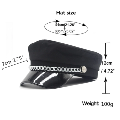 Baker Boy Mütze Damen Baumwollmischung PU-Leder Schirm Newsboy Cap Mit Silberner Metallkette Retro Marine Stil