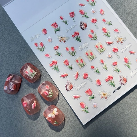 Adesivi Per Nail Art In Rilievo 5D Motivo Tulipano Fiore Farfalla Autoadesivi Impermeabili Bellezza