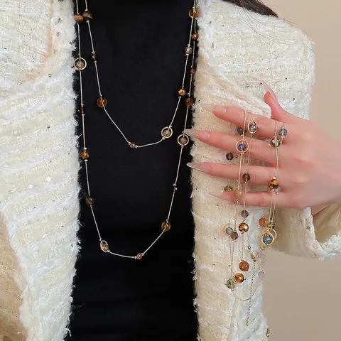 Long Collier À Perles Rétro Pour Femmes Style Bohème Chaîne De Pull Superposable Avec Cristal Synthétique Et Cuivre