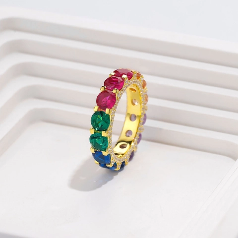 S925 Sterlingsilber Regenbogen Eternity Ring Mit Rundschliff Bunten Zirkonia Luxus Vollreihe Eingelegter Ring Damen Schmuck