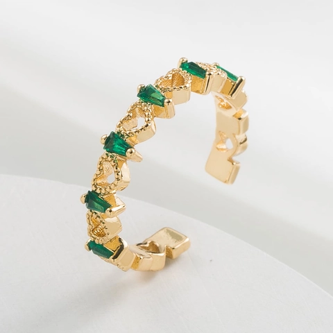 Geometric Adjustable Open Ring Copper Gold Plated Zircon Green Gemstone Minimalist Ins Style Elegant Jewelry For Women