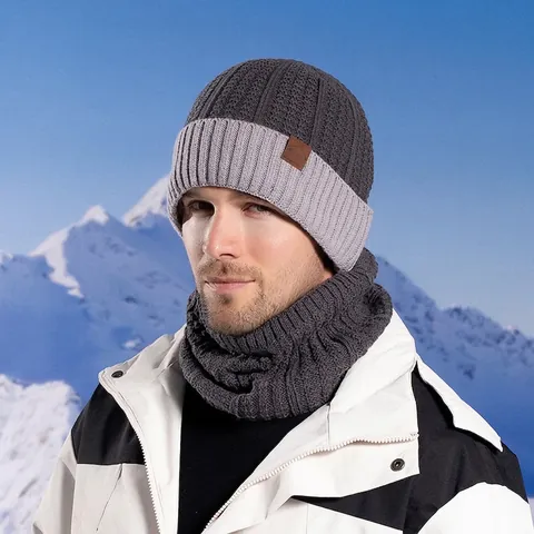 Berretto Beanie Invernale E Scaldacollo Da Uomo Maglia Acrilico Foderato In Pile Termico Antivento Spesso Morbido Patch Decor