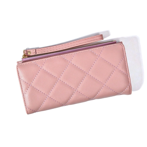 Portafoglio Lungo Donna Pelle PU Trapuntato Motivo Rombi Chiusura Lampo Grande Capacità Con Cinturino Da Polso Pochette Elegante