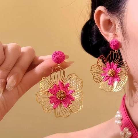 Prachtige IJzeren Raffia Holle Bloem Druppel Oorbellen Zoete Stijlvolle Bloemen Oorknopjes Voor Vrouwen Vakantie Dagelijks Sieraden Cadeau