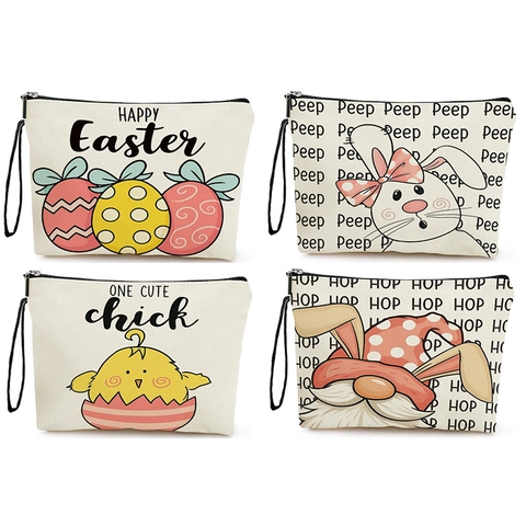 Trousse Maquillage Pâques Lin Toile Imprimé Lapin Œuf Pochette Cosmétique Organisateur Voyage Fermeture Éclair Cadeau