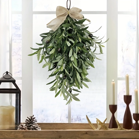 Artificial Olive Leaf Swag Teardrop Wall Hanging With Black Berries And Burlap Bow Farmhouse Front Door Decor Green