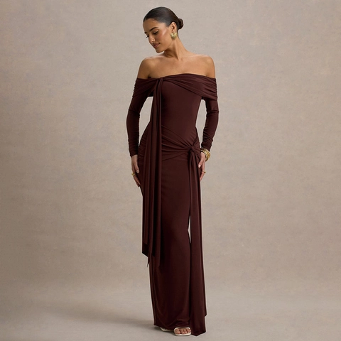 Abito Maxi A Spalle Scoperte Manica Lunga Arricciato Fiocco Laterale Elegante Vestibilità Aderente Donna