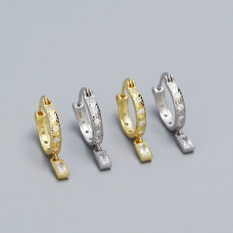 Orecchini a Cerchio Huggie in Argento Sterling 925 a Stella per Donna Pendente in Zirconia Rettangolare Gioielli alla Moda