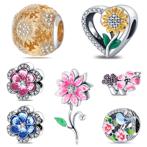 Dijes de Esmalte Floral para Pulseras DIY Accesorios para Hacer Joyas Cobre Plateado Diamantes de Imitación Cuentas de Girasol Corazón Pájaro