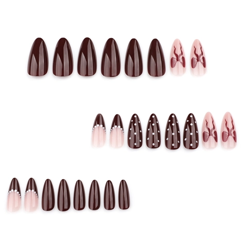 Unghie Finte Press On Stile Francese Forma Mandorla Lunga Fiocco Motivo A Pois Rosso Vino Marrone Elegante Per Donne