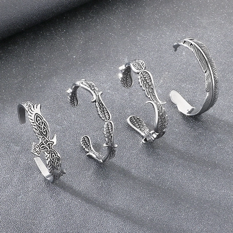 Vintage Nordic Viking Cuff Bracelet Stainless Steel Feather Eagle Wings Celtic Knot Adjustable Punk Jewelry For Men