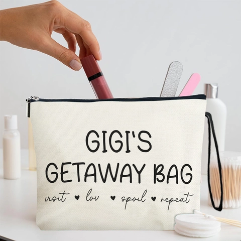 Gigi's Getaway Bag Fine Linen Cosmetic Pouch Zippered Travel Toiletry Organizer With Wristlet Portable Makeup Storage