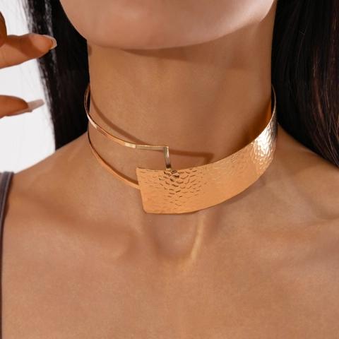 Hammered Metal Choker Necklace Asymmetric Layered Open Collar Irregular Geometric Fashion Jewelry For Women