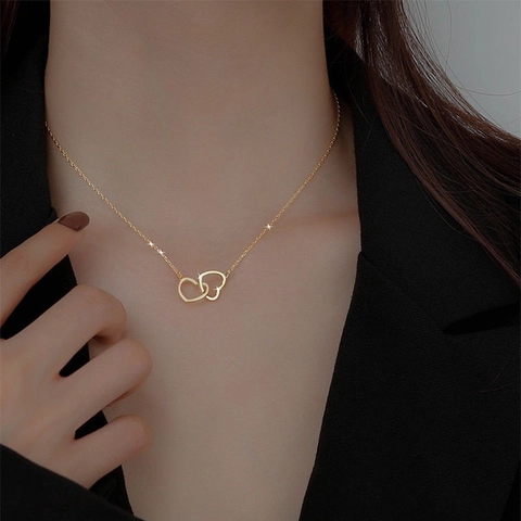Interlocking Double Heart Pendant Necklace Titanium Steel Elegant Clavicle Chain Romantic Jewelry Gift For Women