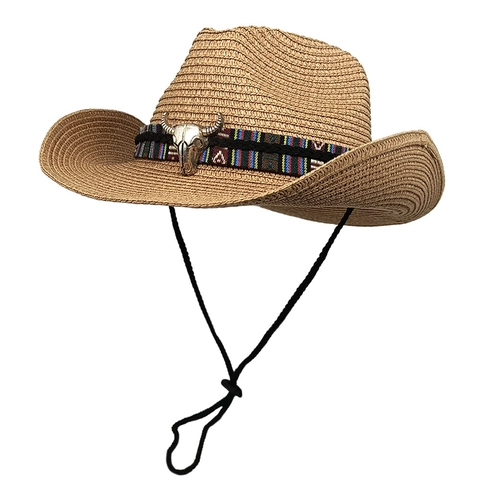 Western Cowboy Straw Hat Bull Head Metal Ornament Ethnic Ribbon Sun Protection Adjustable Rope Foldable Outdoor Summer