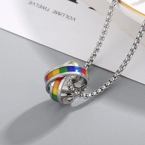 Stainless Steel Necklace Rainbow Enamel Interlocking Rings Cylinder Pendant Hip Hop Jewelry For Men Women