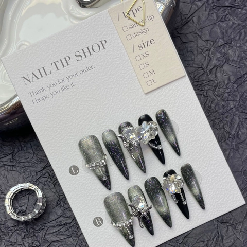 Handmade Press On Nails Stiletto Coffin Shape Dark Cat Eye Gradient Rhinestone Butterfly Luxury Elegant Artistic Design Fake Nails For Women