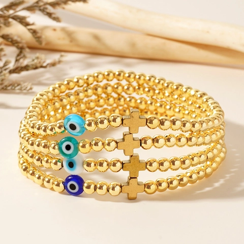 Evil Eye Cross Beaded Bracelet Gold Plated Copper Beads Nazar Charm Jewelry For Women Men