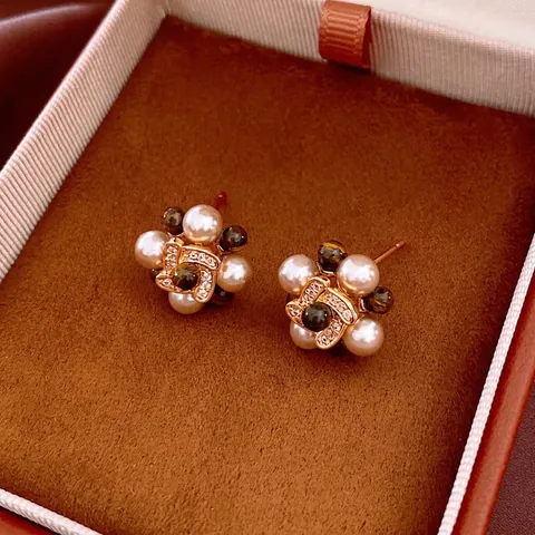Pendientes De Flores Vintage Aleación Chapada En Oro De 18K Con Poste De Plata Perla Artificial De Imitación Ojo De Tigre Para Mujer