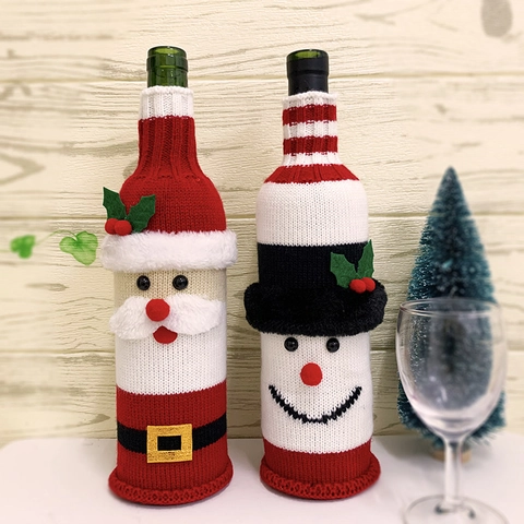 Housse de Bouteille de Vin Tricotée de Noël Style Père Noël Bonhomme de Neige Sac à Vin Décoration de Table de Fête Noël