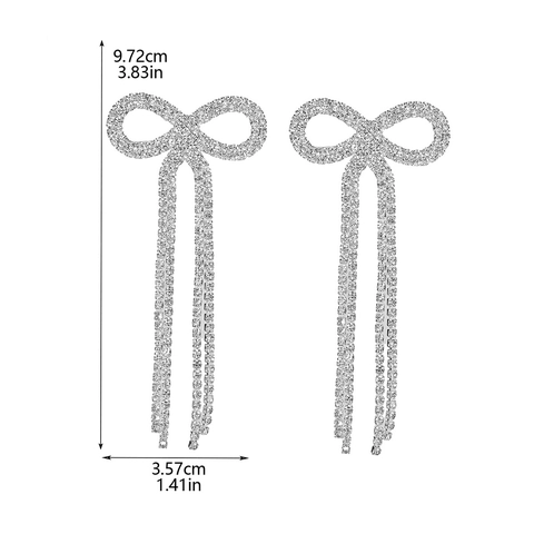 Luxury Copper Bow Tassel Earrings With 925 Sterling Silver Post Shiny Rhinestone Dangle Earrings For Wedding Party Women Jewelry