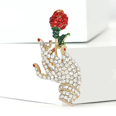 Creatief Kunstontwerp Hand Die Roos Broche Vasthoudt Elegante Legering Strass Bloemen Speld Voor Vrouwen Mode Kleding Accessoires Cadeau