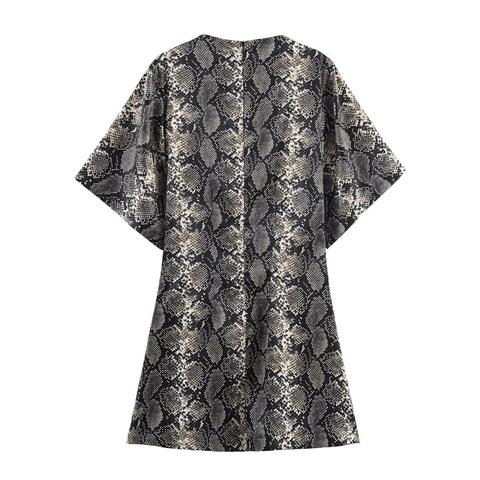 Snake Print Mini Dress Short Sleeve Polyester V Neck Back Zipper Elegant Summer Fashion Wild Animal Pattern