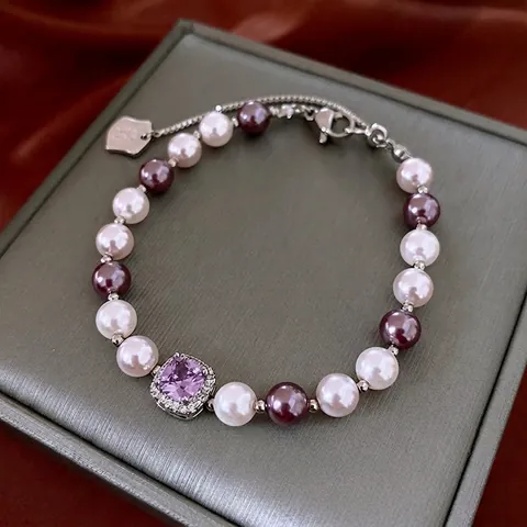 Vintage Vierkante Paarse Zirkoon Kunstparelarmband Elegante Koperen Mode Sieraden Voor Dames Met Verlengketting