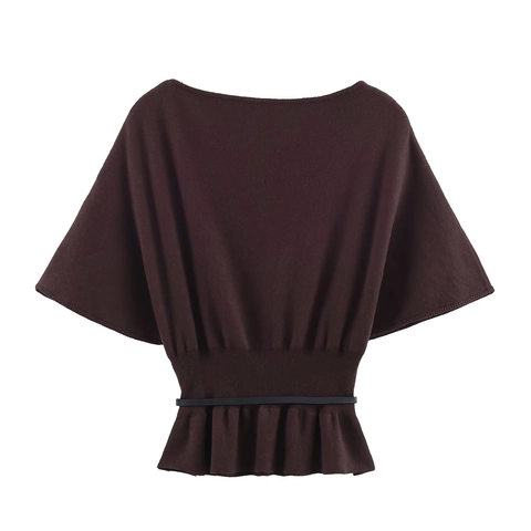 Damen Strickoberteil Mit Bootausschnitt Und Gürtel Fledermausärmel Schößchensaum Elegantes Kaffee Oberteil