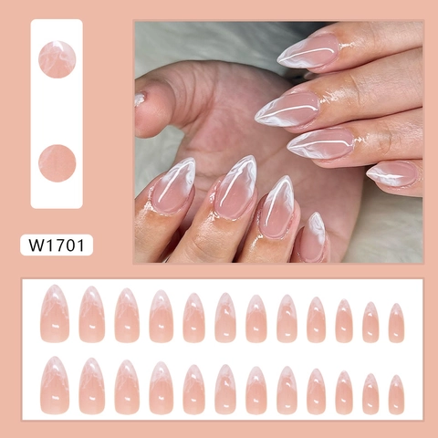 Faux Ongles Style Français Forme Amande Rose Blanc Motif Marbre Vague Pour Femmes Manucure Professionnelle DIY