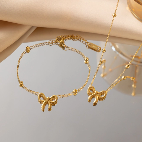 Dainty Titanium Steel Bow Tie Necklace For Women Gold Silver Beaded Chain Sweet Elegant Pendant Jewelry Finger Ring Gift
