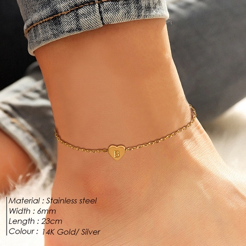 Stainless Steel Heart Letter Anklet For Women Gold Silver Plated Alphabet Pendant Beach Summer Foot Jewelry Adjustable Gift