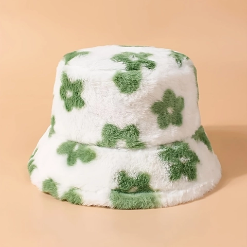 Bucket Hat Plush Faux Fur Flower Pattern Warm Windproof Autumn Winter Trendy Casual For Women Men