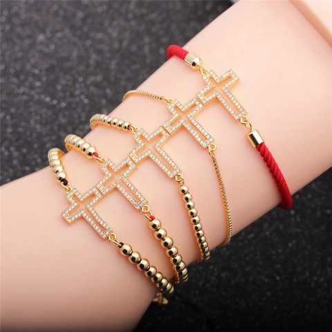 Bracciale Con Ciondolo A Croce Religiosa Rame Micro Zirconi Regolabile Corda Rossa Catena Box Gioielli Di Moda Per Donne
