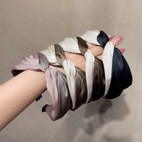 Elegant Satin Wide Headband For Women Cross Twisted Knotted Hair Hoop Chic Color Block Satin Like Fabric Hair Accessory