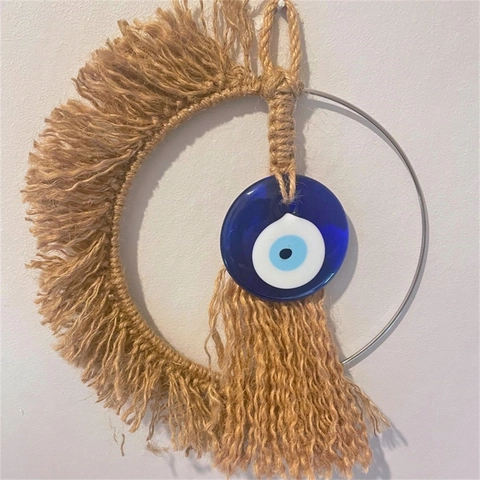 Decorazione Da Parete Malocchio Bohémien Corda Di Juta Intrecciata A Mano Forma Luna Amuleto Nazar Arredamento Casa Nappa Vetro