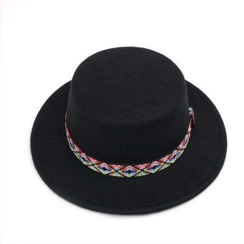 Flat Top Boater Hat Polyester Felt Ethnic Colorful Ribbon Wide Brim Retro British Performance Jazz Cap For Women Men