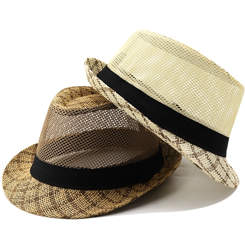 Heren Zomer Stro Fedora Hoed Ademend Mesh Zonbescherming Strand Outdoor Lichtgewicht Casual Vintage Stijl