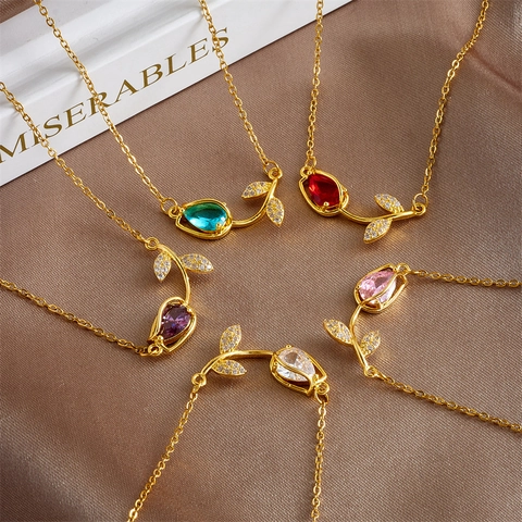 Elegant Tulip Flower Pendant Necklace Stainless Steel Chain With Zirconia Inlaid Leaf For Women Fashion