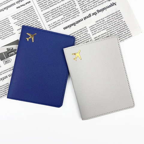 Passport Holder PU Leather Airplane Pattern Gold Logo Travel Case Business ID Window Card Wallet For Men Women
