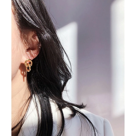 Minimalist Brass Gold Plated Interlocking Double Circle Stud Earrings With Silver Earring Post Geometric Fashion Jewelry For Women