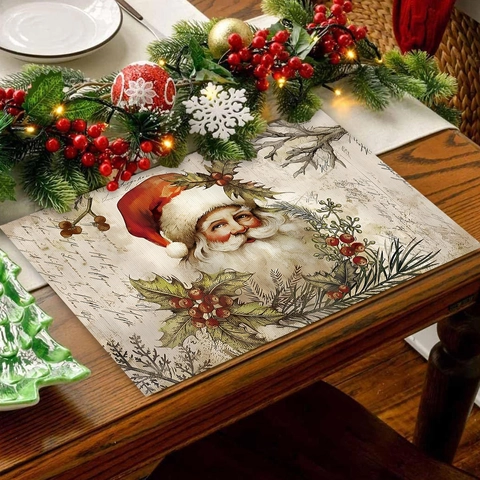 Weihnachts Platzdeckchen Polyester Hitzebeständig Waschbar Vintage Weihnachtsmann Muster Für Feiertags Tischdekoration