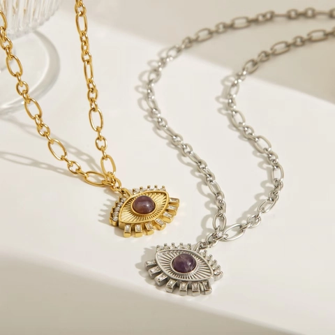 Collana con Ciondolo Malocchio in Acciaio Inossidabile Pietra Viola Strass Catena per Donna Gioielli di Moda Vintage Boho