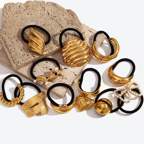 Élastique à Cheveux Géométrique en Acier Inoxydable Plaqué Or 18K Vintage Océan Coquille Cœur Lune Papillon Accessoires Cheveux