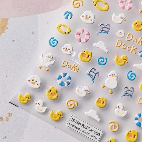 3D Embossed Nail Art Stickers Cartoon Yellow Duck Pool Summer Theme Self Adhesive PET DIY Manicure Decals