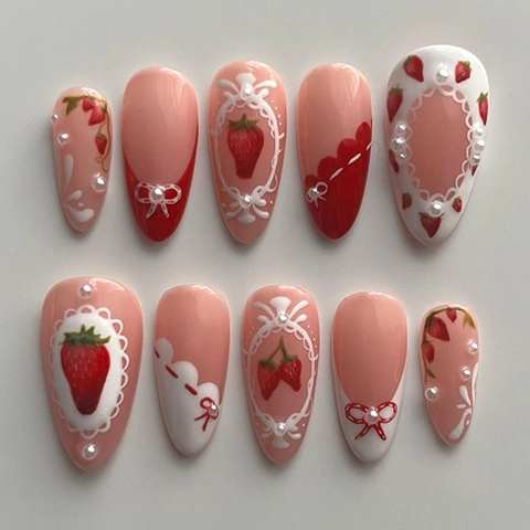 Uñas Postizas Press On Con Patrón De Fresa Lazo 3D Perlas Artificiales Encaje Estilo Francés Almendra Largas Para Mujeres