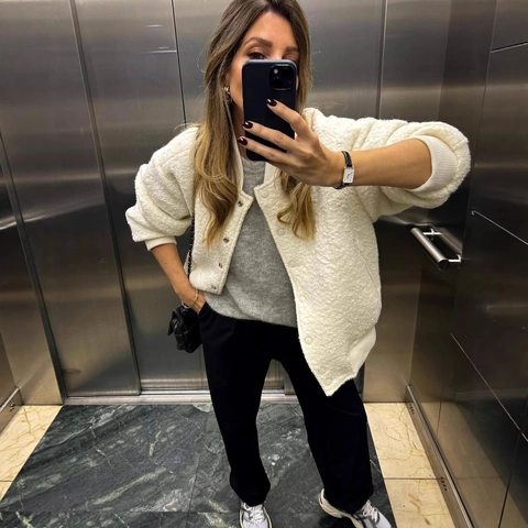 Chaqueta De Forro Polar Sherpa Para Mujer Cuello Varsity Botón De Presión Ajuste Holgado Casual Color Sólido Manga Larga